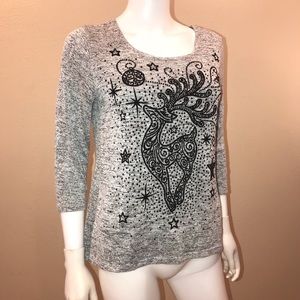 Christmas Holiday Jersey Knit Tee Size Small Grey Beaded Reindeer USA Made